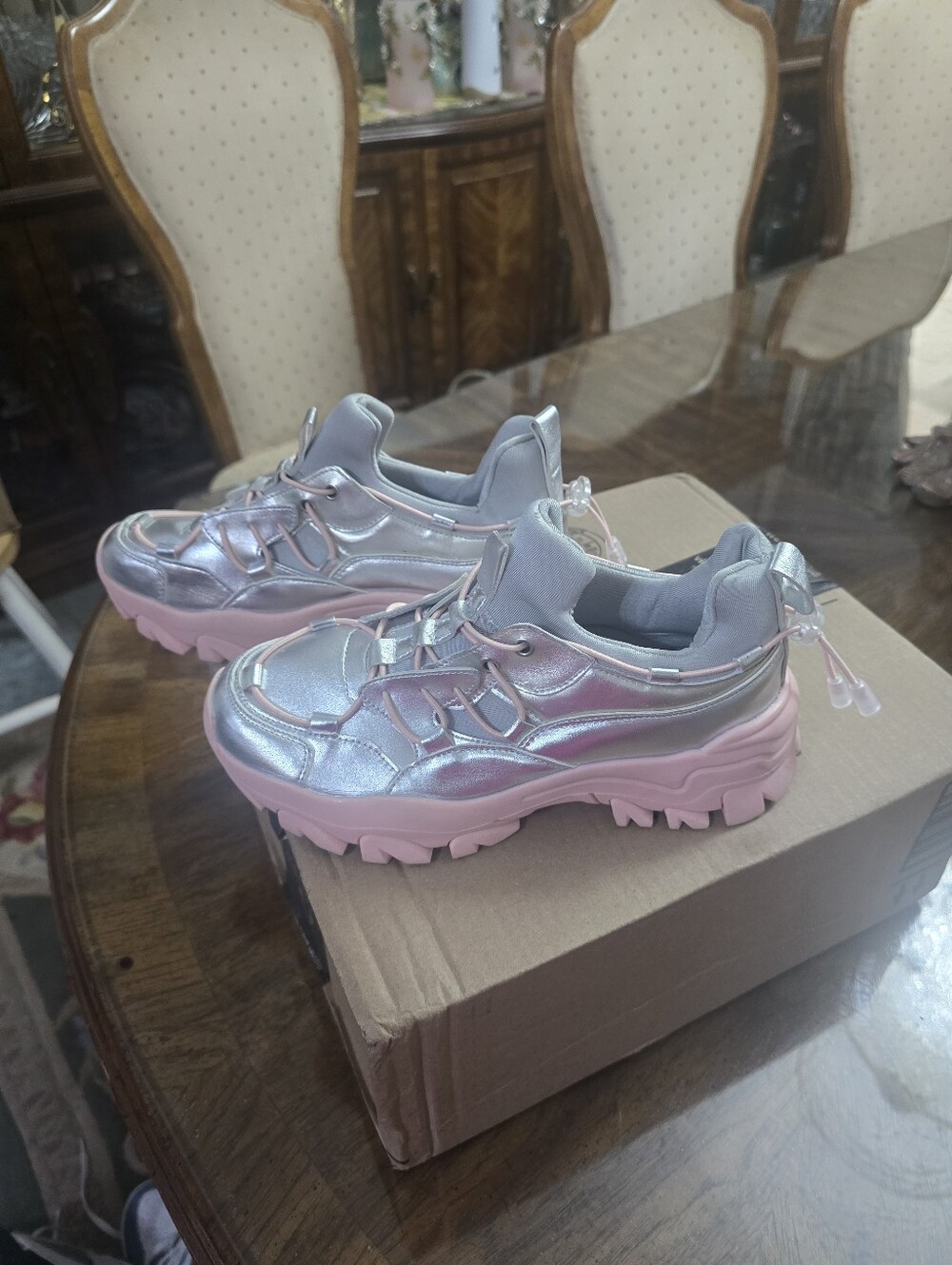 Fashion Nova Metallic Silver & Pink Chunky Platform Sneakers